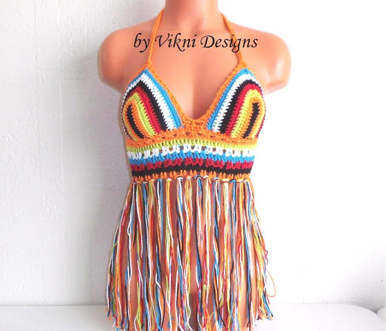 Festival Gypsy Crochet Top, Crazy Color Halter Top, Multicolor Fringe Top by Vikni Designs 