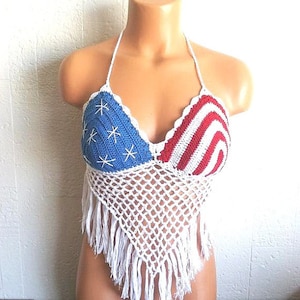 Crochet American Flag Top, Festival Fringe Crochet Top, Triangle Halter Top by Vikni Designs