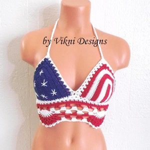 Premium Crochet American Flag Crop Top, Fouth of July Lace Crop by VikniDesigns