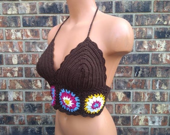 Halloween Festival Crochet Brown Flowers Top, Crop Top by Vikni Designs