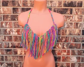 Rainbow Crochet Fringe Bikini Top, Bralette Fringe Top by Vikni