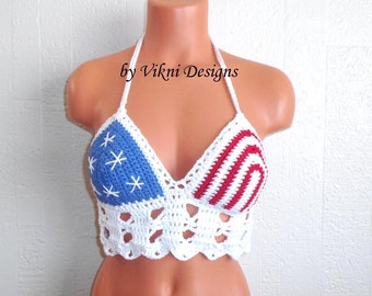 Crochet American Flag Crop Top, Festival Crochet Top, Hippie Halter Top by Vikni Designs