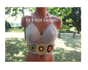 Crochet Music Festival Natural Flower Top, Crochet Crop Top by Vikni Designs