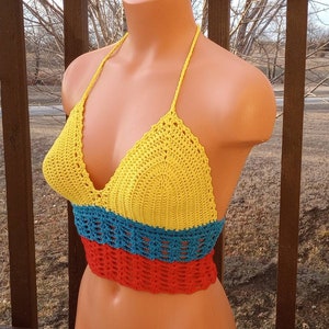 Colombia Flag Top, Crochet Lace Halter Brocade Top by Vikni Designs