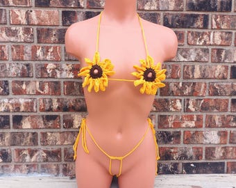 Crochet Nipple See Thru Bikini, Lingerie Sunflower, Daisy Underwear by Vikni Designs