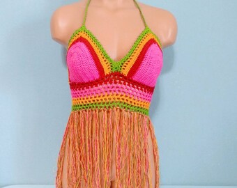 Secret Hot Pink Rainbow Fringe Top, Crochet Halter Top by Vikni Designs