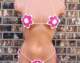 Crochet Flower Bikini, Pink Micro Bikini by Vikni Designs