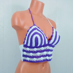Purple White Pobcorn Cage Crop Top, Festival Crochet Top by Vikni Designs image 3