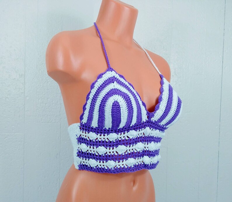 Purple White Pobcorn Cage Crop Top, Festival Crochet Top by Vikni Designs image 3