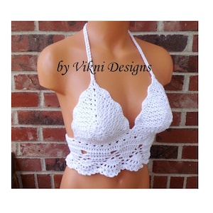 Crochet Crop Top, Boho Hippie White Crochet Top, Halter Top by Vikni Designs image 2