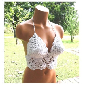 Crochet Top Summer Top White Crop Top Beautiful Boho Festival Halter with Lining included by Vikni Designs image 3