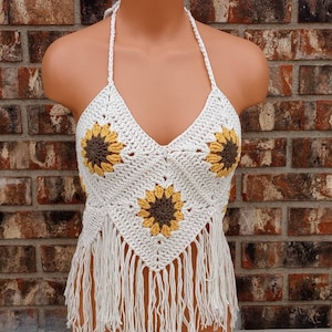 Adults Sunflower Top, Crochet Sunflower Boutique Top, Festival Granny Fringes Halter Top, Mom and daughter by Vikni Designs