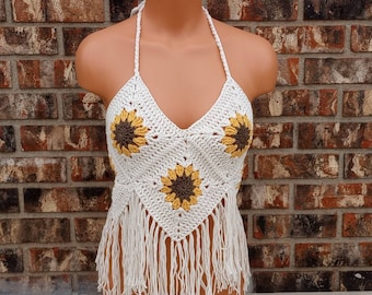 Adults Sunflower Top, Crochet Sunflower Boutique Top, Festival Granny Fringes Halter Top, Mom and daughter by Vikni Designs