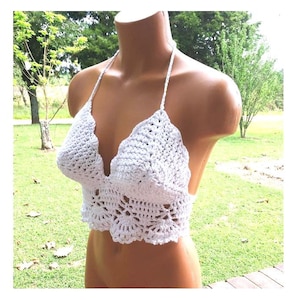 Crochet Top Summer Top White Crop Top Beautiful Boho Festival Halter with Lining included by Vikni Designs image 2