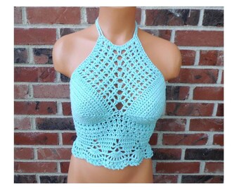 Aqua Crochet Top, High Neck Top, Festival Halter Top by Vikni Designs