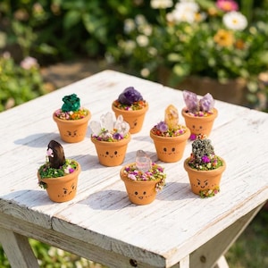 Puede incluir: Una colección de pequeñas macetas de terracota, cada una con un arreglo único de cristal y flores. Las macetas tienen caras pintadas y están sobre una superficie de madera blanca, con un fondo verde borroso.