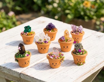Natural  Quartz Crystal Garden Magnet: Mini Terracotta Pot Garden Decor, Faux Moss，Crystal Healing Stone