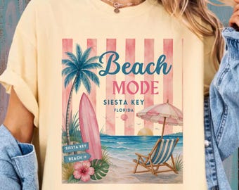 Beach Mode Siesta Key Florida Women's Coastal Vacation Tee Pink Stripes Surfboard Palm