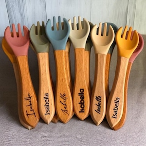Engraved Baby Feeding Spoon, Silicone Toddler Utensil, Infant Training Spoon, BPA Free Baby Tableware, Wooden Handle Silicone Spoon,Gift Set