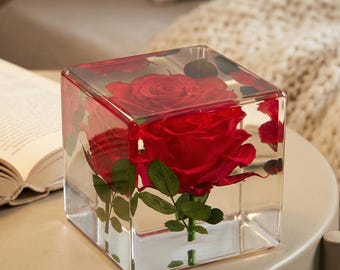 Mother's Day Gift, Luxury Crystal Rose Cube with LED Base, Preserved Red Rose in Resin, Romantic Home Decor Gift for Wife Girlfriend