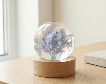 Gift for Mom, Personalized Blue Hydrangea Resin Sphere, Real Flower Night Light, Engraved Wooden Base