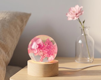 Pink Hydrangea Resin Lamp, Aesthetic Night Light, Minimalist Cozy Room Decor, Personalized Hydrangea Resin Light, Memory Keepsake Gift