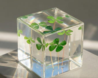 Mother's Day Gift, Personalized Four Leaf Clover Resin Cube, St Patrick’s Day Lucky Gift, Custom Name Green Clover Keepsake