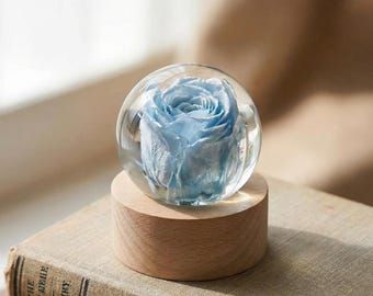 Personalized Blue Rose Resin Sphere, Gift for Mom, Real Flower Night Light, Engraved Wooden Base, Resin Sphere Gift