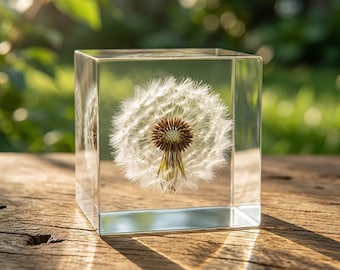 Mother's Day Gift, Real Dandelion Resin Cube, Preserved Flower Paperweight, Botanical Desk Decor, Minimalist Gift, Night Light Decor