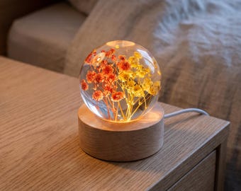Mothers Day Gift for Mom, Personalized Resin Flower Night Light, Baby Breath Sphere Lamp, Custom Engraved Wood Base, Warm Glow Decor