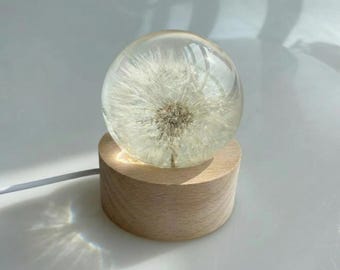 Personalized Dandelion Resin Sphere,  Real Flower Night Light, Engraved Wooden Base, Resin Night Light  Gift, Birthday Gift Idea