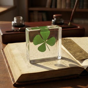 Puede incluir: Un trébol de cuatro hojas verde está encapsulado en un bloque de resina transparente. El bloque se encuentra sobre un libro abierto, con un marcapáginas dorado. La escena se desarrolla sobre un escritorio de madera con tinteros y una pluma.