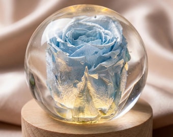 Blue Hydrangea Gift, Blue Rose Resin Sphere, Personalized Flower Night Light, Real Rose Keepsake, Engraved Wooden Base,