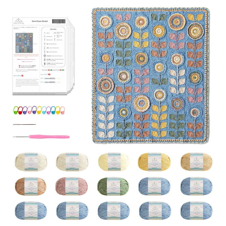 Navia Flower Blanket Crochet Yarn Kit with Pattern, Hook & Needle | Ships from US image 9