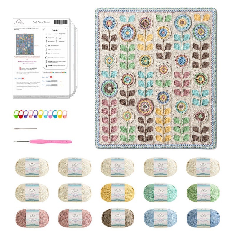 Navia Flower Blanket Crochet Yarn Kit with Pattern, Hook & Needle | Ships from US image 10