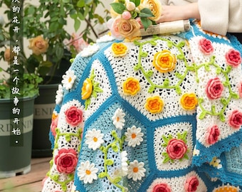 Coperta con fiori rigogliosi / Schema all'uncinetto / Istruzioni scritte limitate / Video tutorial disponibile