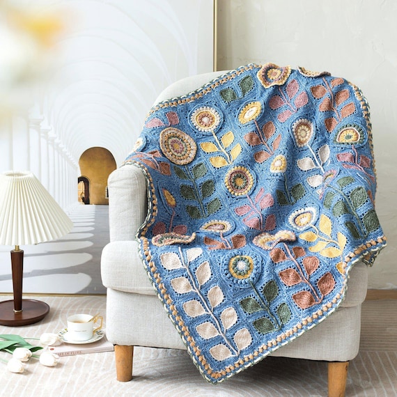 Navia Flower Blanket Crochet Yarn Kit with Pattern, Hook & Needle | Ships from US