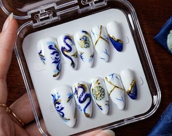 Blue Dragon Press On Nails, White Gold Asian Nail Design, Luxury Hand Painted Nails, Long Almond Nails, Custom Fake Nails Set