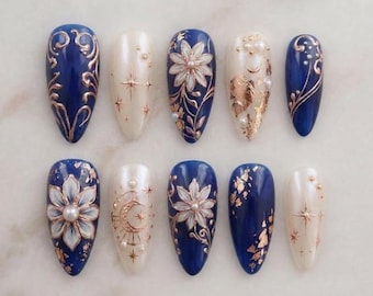 Paznokcie prasowane Sage Blue Gold: 3D Flower Celestial, wyjątkowy, elegancki i luksusowy prezent artystyczny