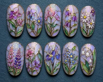 Bloemen glas-in-lood pers op nagels, vintage bloem gouden lijn nail art, handgemaakte elegante nepnagels voor vrouwen