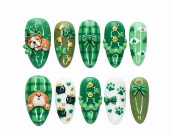 St Patrick’s Day Press On Nails with 3D Bulldog Leprechaun, Green Plaid Shamrock Clover Design, Gold Coin Accent, Cute Almond Nail Set