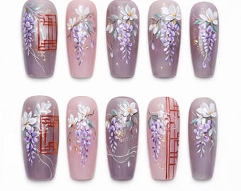 Glyzinien-Blumenpresse auf den Nägeln, handgemalte lila Blütenkunst, malvenrosa glänzendes quadratisches Luxusacryl Statement Nagelset