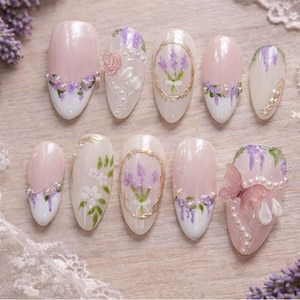 Hand-painted Dreamy Purple Press On Nails, Freestyle Fake Nail Set with French Tip, Spring Nail, Artistic Nail Design, Almond Nails, Gifts