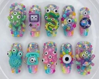 Uñas postizas 3D Kawaii, uñas coloridas con dibujos animados, lindos diseños de uñas de caramelo, uñas de gelatina hechas a mano, divertido juego de uñas postizas con personajes.