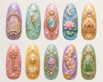 Uñas postizas 3D de princesa colorida, castillo mágico, corona, rosa y manzana, set de uñas de fantasía, uñas de cuento de hadas, regalo para ella