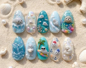 Cute Seal Ocean Press On Nails | 3D Sea Animal Shell Surf Nail Art | Kawaii Summer Beach Handmade Press On Nails Set