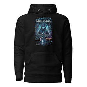 Puede incluir: Una sudadera con capucha negra que presenta un estampado gráfico de una figura encapuchada con una máscara brillante rodeada de circuitos digitales y el texto CYBER_SENTINEL, ACCESS GRANTED, ROOT_ACCESS, DECRYPT REALITY y caracteres japoneses.