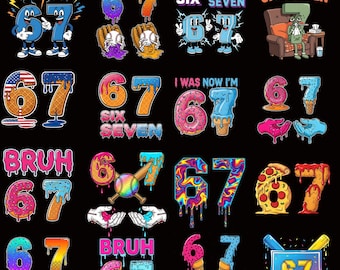 Pacchetto PNG con i numeri 6 e 7 dei cartoni animati, stile meme retrò (download digitale)