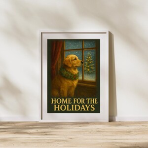 Lámina artística navideña de Golden Retriever / Pintura navideña de perro (Descarga digital)