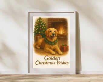 May include: A framed print featuring a Golden Retriever wearing a festive wreath, with a Christmas tree and fireplace in the background. The text "Golden Christmas Wishes" is displayed below the dog.